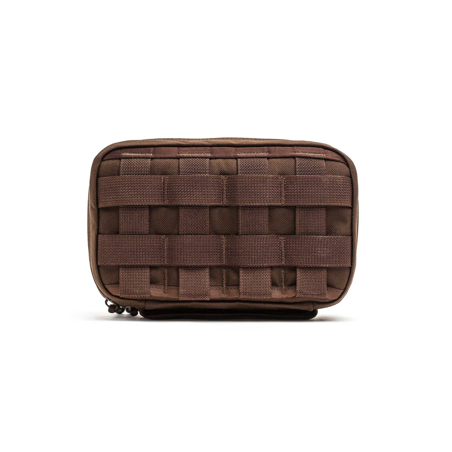 The GR1 Field Pocket is a small brown tactical pouch with front webbing, ideal for organizing electronics or attaching to gear and bags.