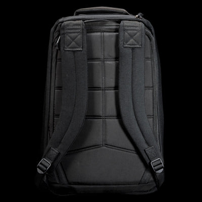 The GR1 Shooter 26L - Built by Scars backpack in black is shown from the back, featuring padded shoulder straps, visible stitching, and constructed from Special Forces Grade CORDURA® for outstanding durability.