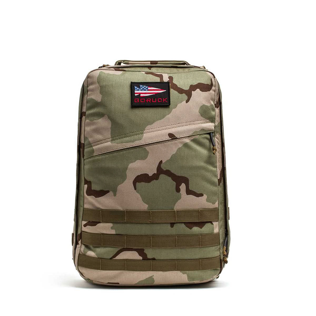 The GR1 USA - Cordura, an American-made backpack built to Special Forces grade standards, features camouflage design, an American flag patch, and a 
