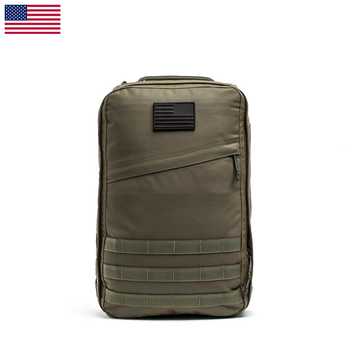 Olive green GR1 USA - Cordura rucksack with a USA flag patch, displayed on a white background with a small US flag—perfect as an everyday carry backpack or for Special Forces use.