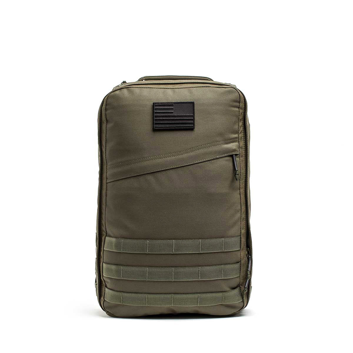 The GR1 USA - Cordura rucksack in olive green features a zippered front pocket and a black American flag patch, crafted to Special Forces grade standards.