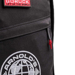 GORUCK black rucksack with red patch and white Arnold's Pump Club logo embroidery