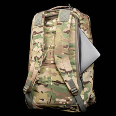 GORUCK 26L rucksack in Multicam with padded shoulder straps and laptop partially inserted