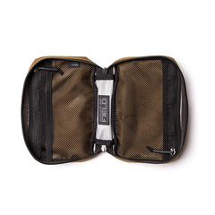 Open GORUCK Field Pocket in coyote color showing dual mesh zippered compartments and rugged design