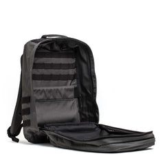 A black GR2 - Cordura ruck with its main compartment open, showcasing internal pockets and organization panels—ideal as a Special Forces backpack or dependable carry-on travel bag.