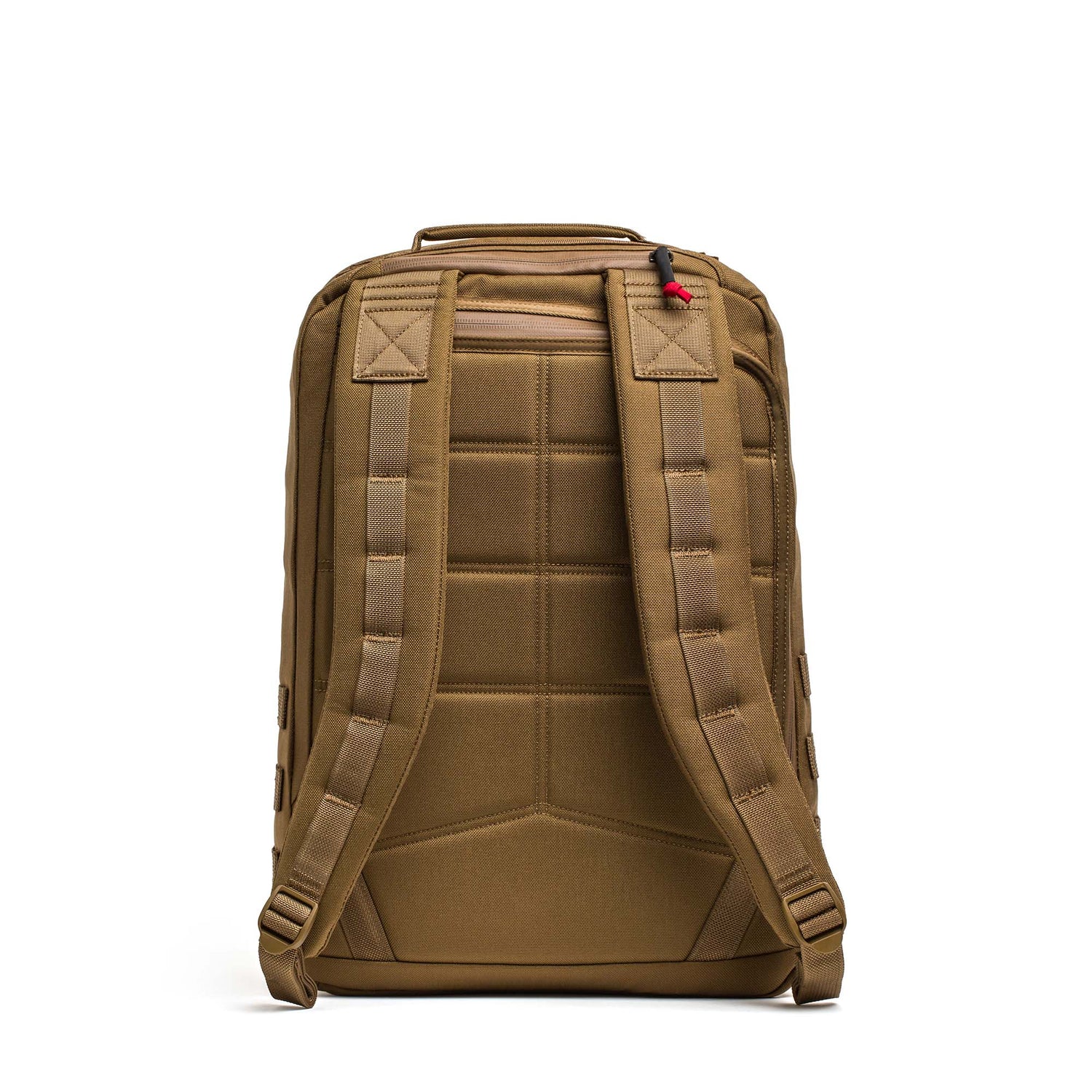 The GR2 - Cordura backpack in tan, shown from the back, is inspired by Special Forces packs and features padded shoulder straps plus a small zippered top pocket.