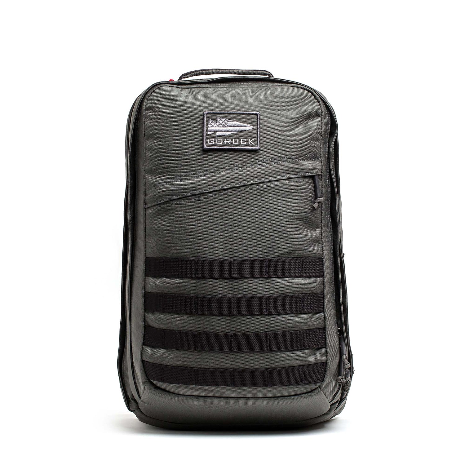 A gray GR2 - Cordura ruck with black horizontal straps and a front logo patch, standing upright—ideal as a Special Forces backpack or carry-on travel bag.