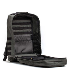 A dark gray GR2 - Cordura backpack with its main compartment open, showing multiple inner pockets and organizers—ideal as a carry-on travel bag.