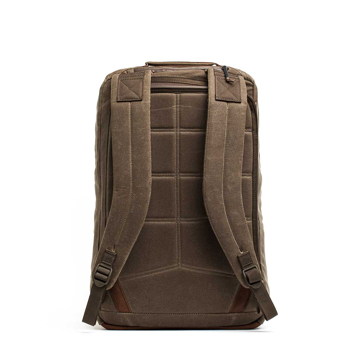 The GR2 - Heritage Waxed Canvas Backpack is shown from the back, featuring padded straps, a top zippered pocket, and is crafted from durable waxed duck canvas.