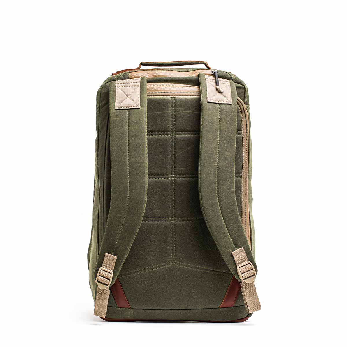 The GR2 - Waxed Canvas is an olive green backpack with tan straps, made from durable waxed duck canvas, shown from the back with padded shoulder straps and a top handle.