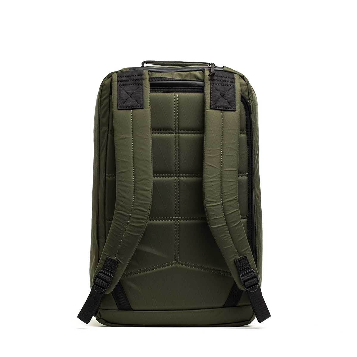The GR2 X-PAC backpack in olive green is shown from the back, featuring padded straps, a top handle, and waterproof AquaGuard zippers for added protection.
