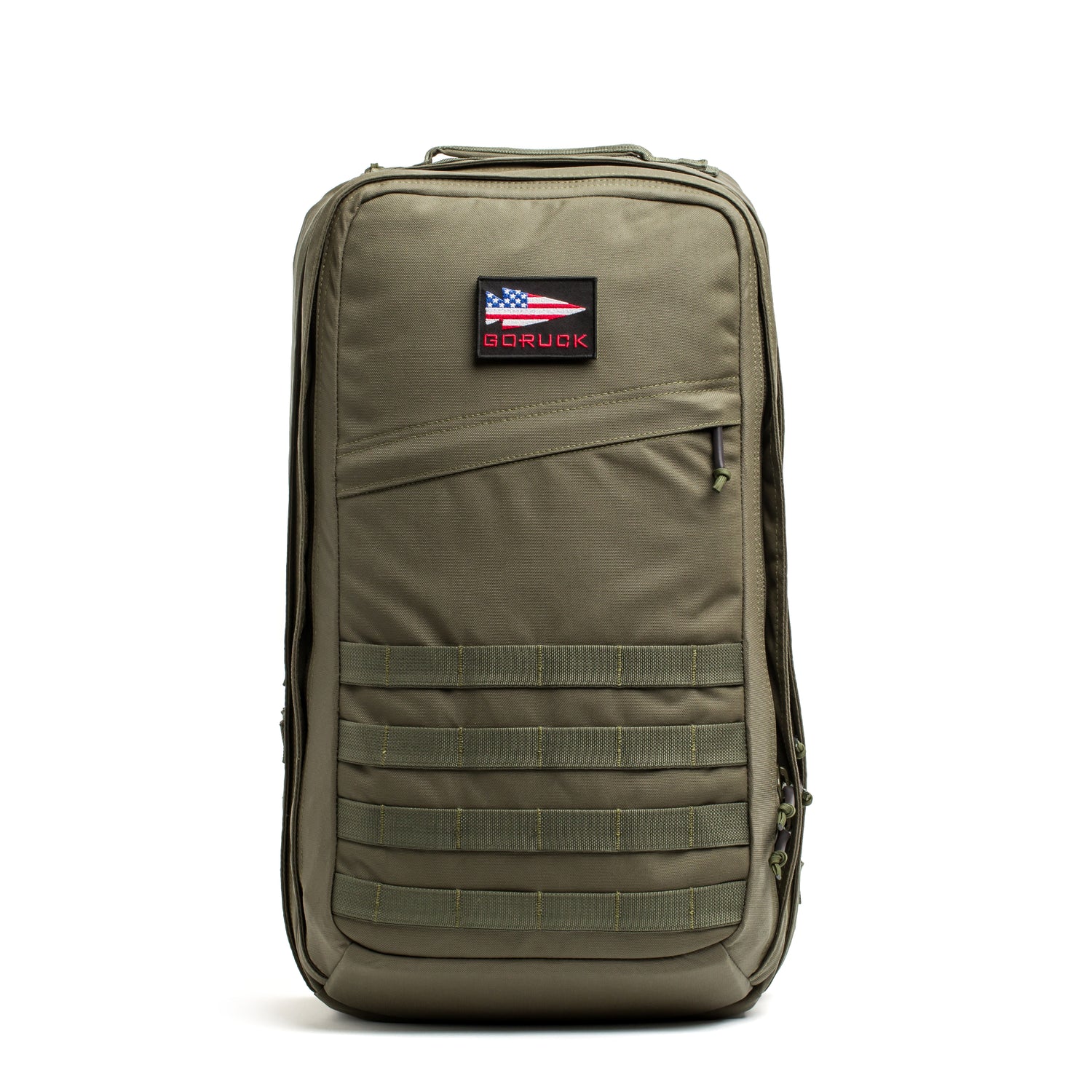 The GR2 olive green Special Forces backpack features a USA flag patch and multiple zippered compartments, designed for travel carry-on use; displayed on a white background.