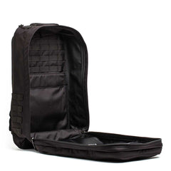 The GR2 USA - Cordura travel backpack is fully unzipped and open, showing its interior pockets and compartments.
