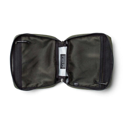 The GR2 Field Pocket - X-PAC is a green zippered pouch with black mesh pockets, a "Field" label inside, and durable waterproof fabric—ideal as an electronics organizer.