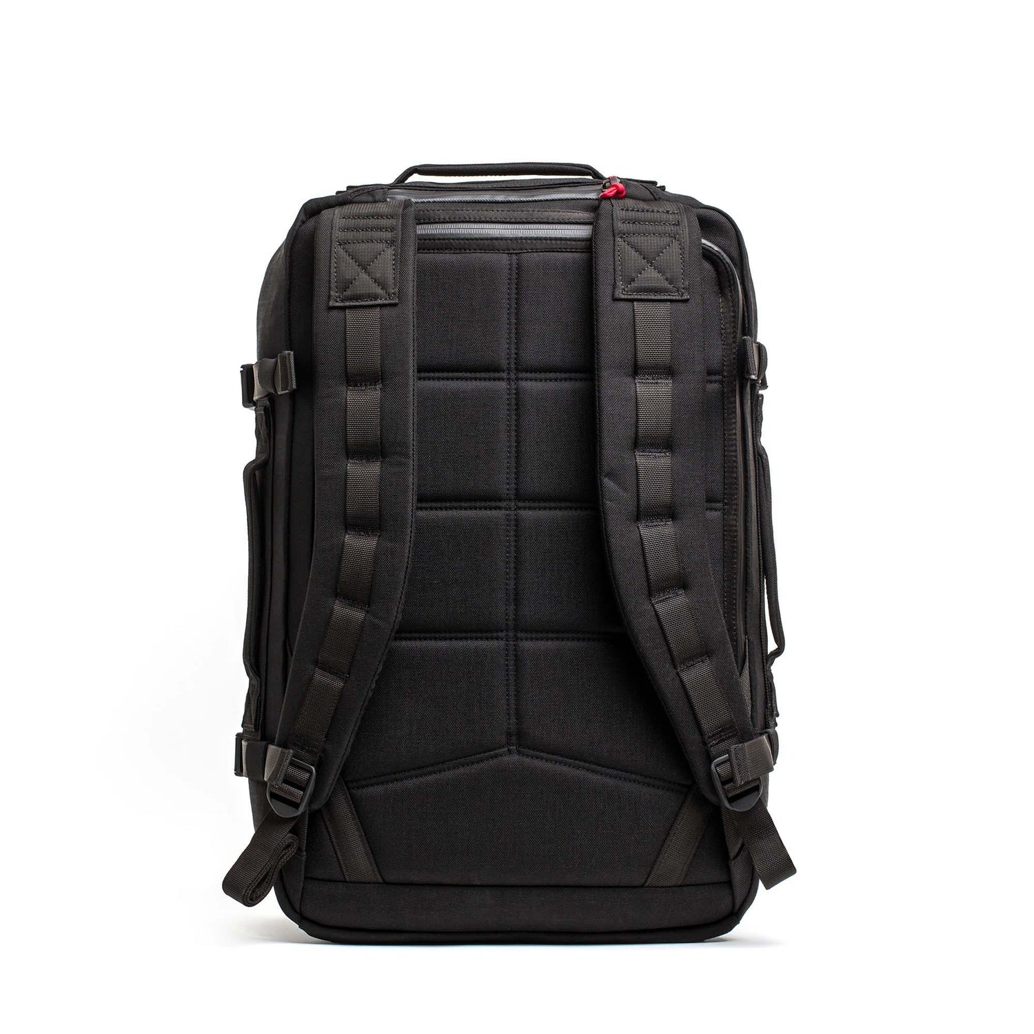 GORUCK black rucksack shown from the back, padded straps, durable 1000D material