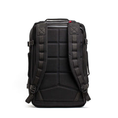 GORUCK black rucksack shown from the back, padded straps, durable 1000D material