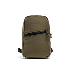 GORUCK Grenade Ranger Green pack with angled front zipper pocket on white background