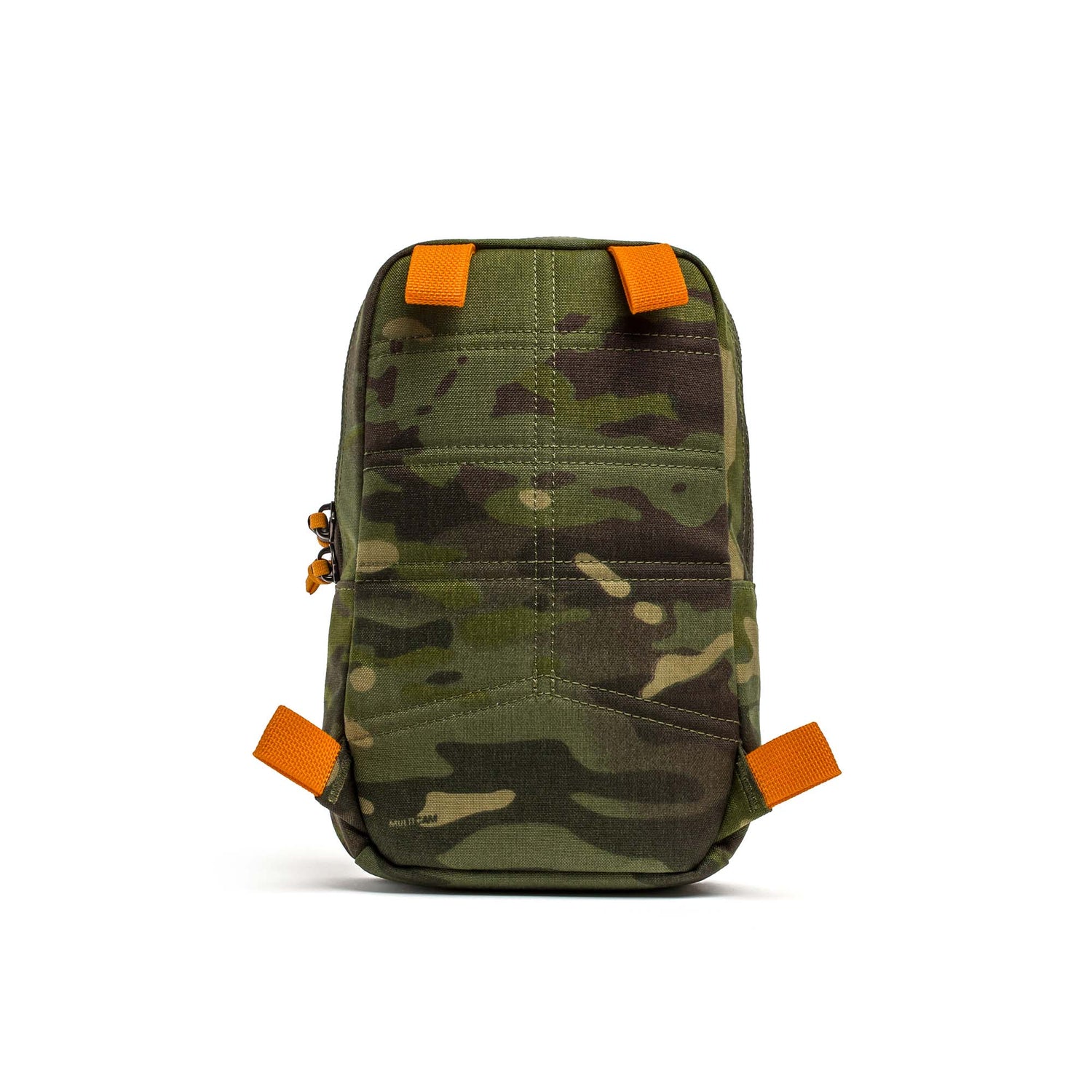 The Cordura GRenade, a green camouflage pouch with orange straps made from durable 500D Cordura, is shown upright against a white background.