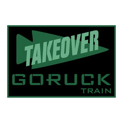 Green and black GORUCK Takeover Train logo patch with arrow design for rucking gear and events