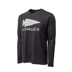 The Men's GORUCK Spearhead Long Sleeve - Tri-BlendX features a dark gray color, long sleeves, and a large white GORUCK spearhead with "GORUCK" printed on the front.