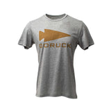 The GORUCK Spearhead Tee - Tri-Blend is a gray T-shirt with a bold brown spearhead and "GORUCK" text on the front, made from premium tri-blend fabric for superior comfort.
