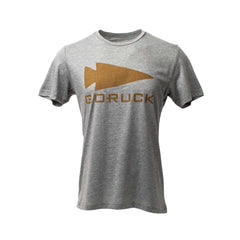 The GORUCK Spearhead Tee - Tri-Blend is a gray T-shirt with a bold brown spearhead and "GORUCK" text on the front, made from premium tri-blend fabric for superior comfort.