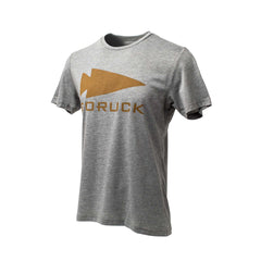 The GORUCK Spearhead Tee - Tri-Blend is a gray shirt featuring a gold spearhead and "GORUCK" on the front, made from premium tri-blend fabric.