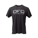 The DFQ Tee - Tri-BlendX is a dark gray premium shirt with a large white "DFQ" and small arrow design on the chest. It features antimicrobial treatment for lasting freshness.