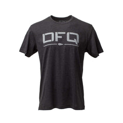 The DFQ Tee - Tri-BlendX is a dark gray premium shirt with a large white "DFQ" and small arrow design on the chest. It features antimicrobial treatment for lasting freshness.
