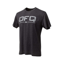 The DFQ Tee - Tri-BlendX is a dark gray premium t-shirt with “DFQ” and a play arrow symbol in white on the front.