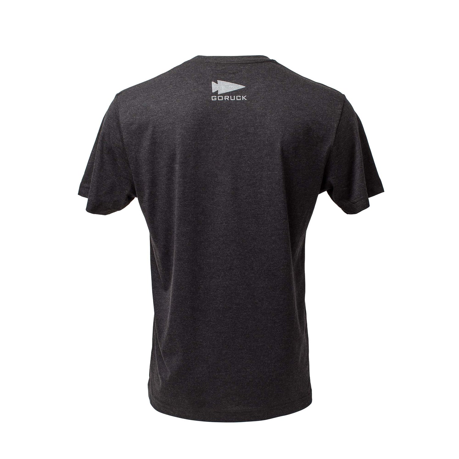 Back view of the DFQ Tee - Tri-BlendX in dark gray, crafted from premium Tri-BlendX fabric, featuring a small white GORUCK logo near the neckline.