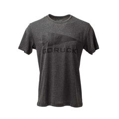 The GORUCK Spearhead Tee - Tri-Blend is a dark gray premium shirt with "GORUCK" text and the classic spearhead logo, inspired by Special Forces, shown on a white background.