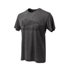 The GORUCK Spearhead Tee - Tri-Blend features a dark gray, short-sleeve design with "GORUCK" and the spearhead logo on the front, made from premium tri-blend fabric for comfort.