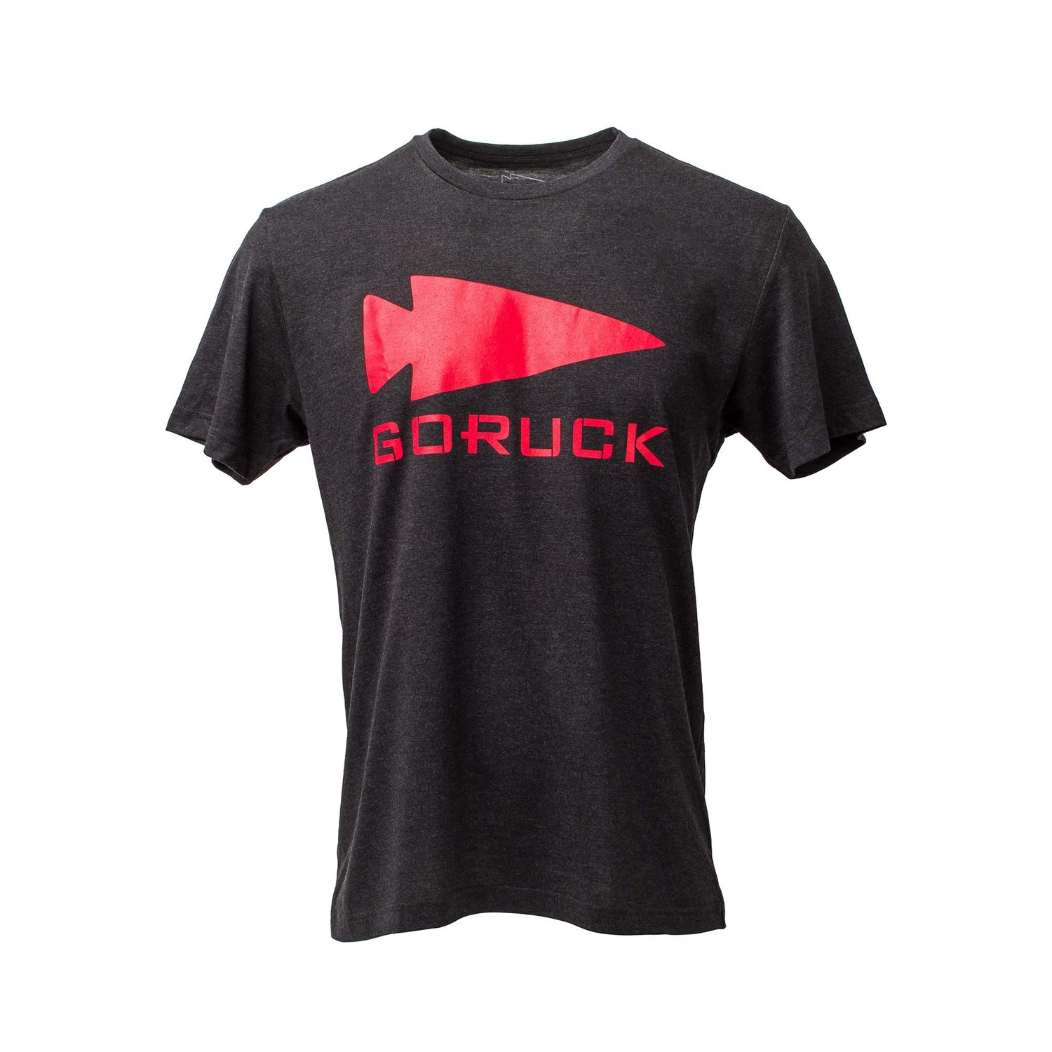 The GORUCK Spearhead Tee - Tri-Blend is a dark gray premium t-shirt with a bold red spearhead and 