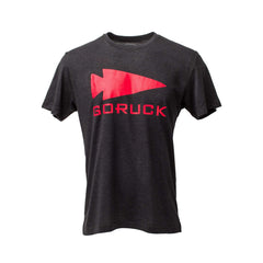 The GORUCK Spearhead Tee - Tri-Blend is a dark gray premium t-shirt with a bold red spearhead and "GORUCK" on the front, inspired by Special Forces heritage.