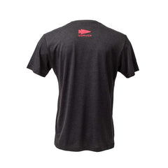 The GORUCK Spearhead Tee - Tri-Blend is shown from the back in dark gray, featuring a small red spearhead logo near the collar.