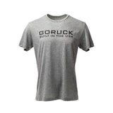 The GORUCK Built in the USA Tee - Tri-BlendX is a gray, short-sleeve premium tri-blend shirt featuring bold black "GORUCK BUILT IN THE USA" text on the front—ideal for everyday wear.