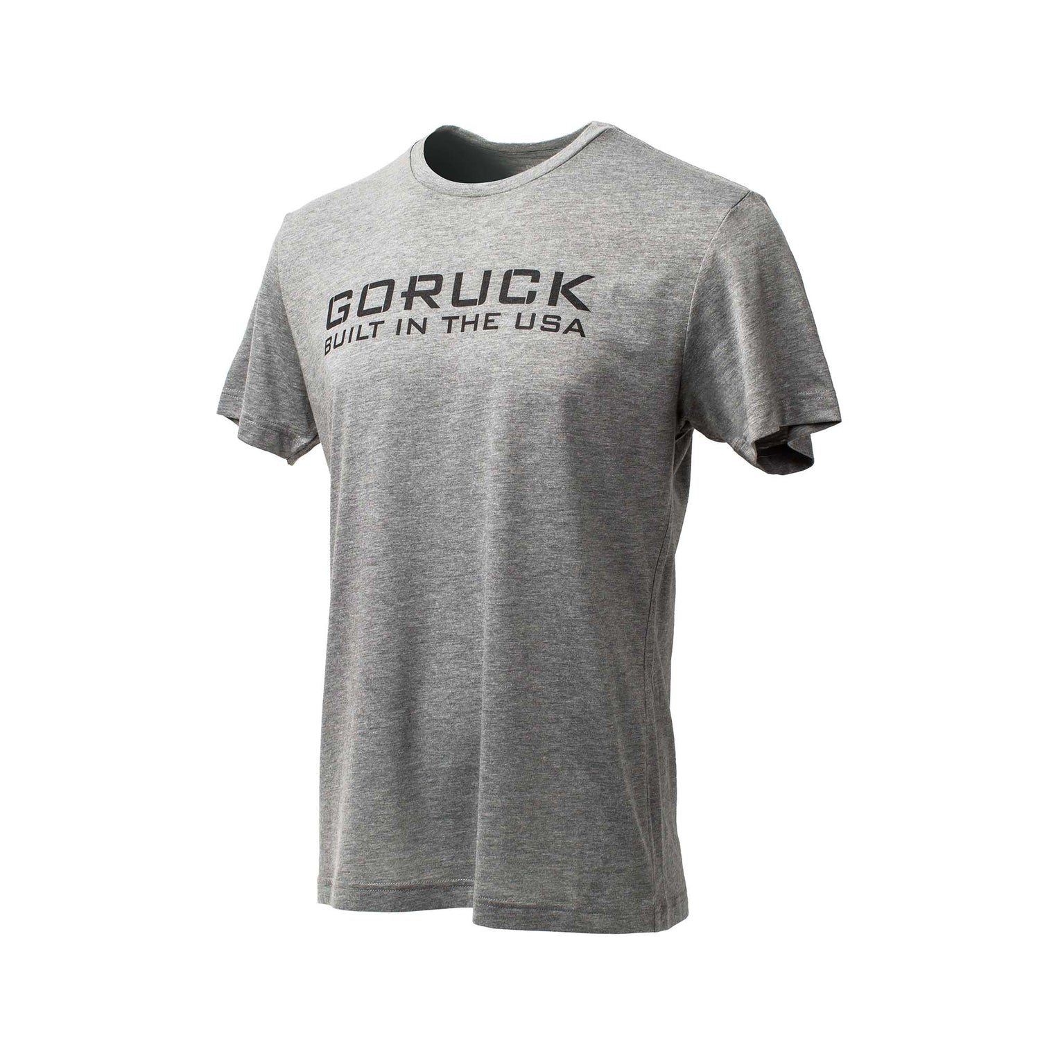 The GORUCK Built in the USA Tee - Tri-BlendX is a gray premium tri-blend shirt featuring bold black 