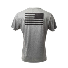 The GORUCK Built in the USA Tee - Tri-BlendX is a gray premium tri-blend shirt with a black and white American flag design on the upper back, ideal for bold, everyday wear.