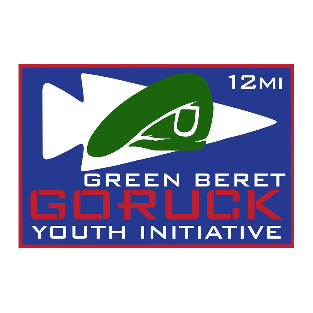 Blue and white badge featuring a green beret image, labeled 