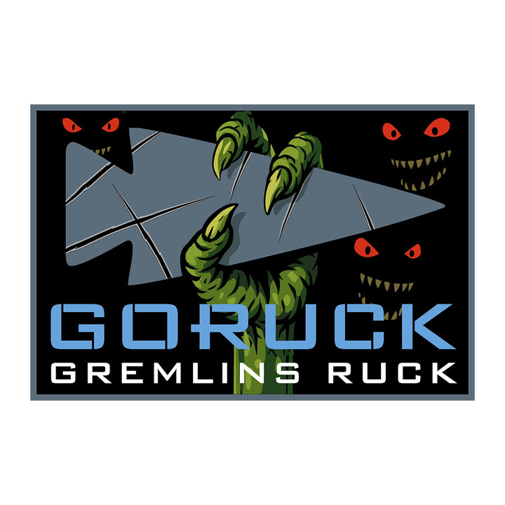 The Patch - Gremlins Ruck features a green claw holding a silver arrowhead, three gremlin faces, and "GORUCK GREMLINS RUCK" text—ideal for Gremlins ruck or Halloween ruck fans.
