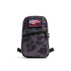 GORUCK small rucking pouch in black frogskin camo with American flag patch and front zipper pocket