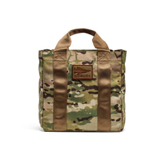 GORUCK Grocery Getter tote bag in multicam camouflage with sturdy brown handles and logo patch