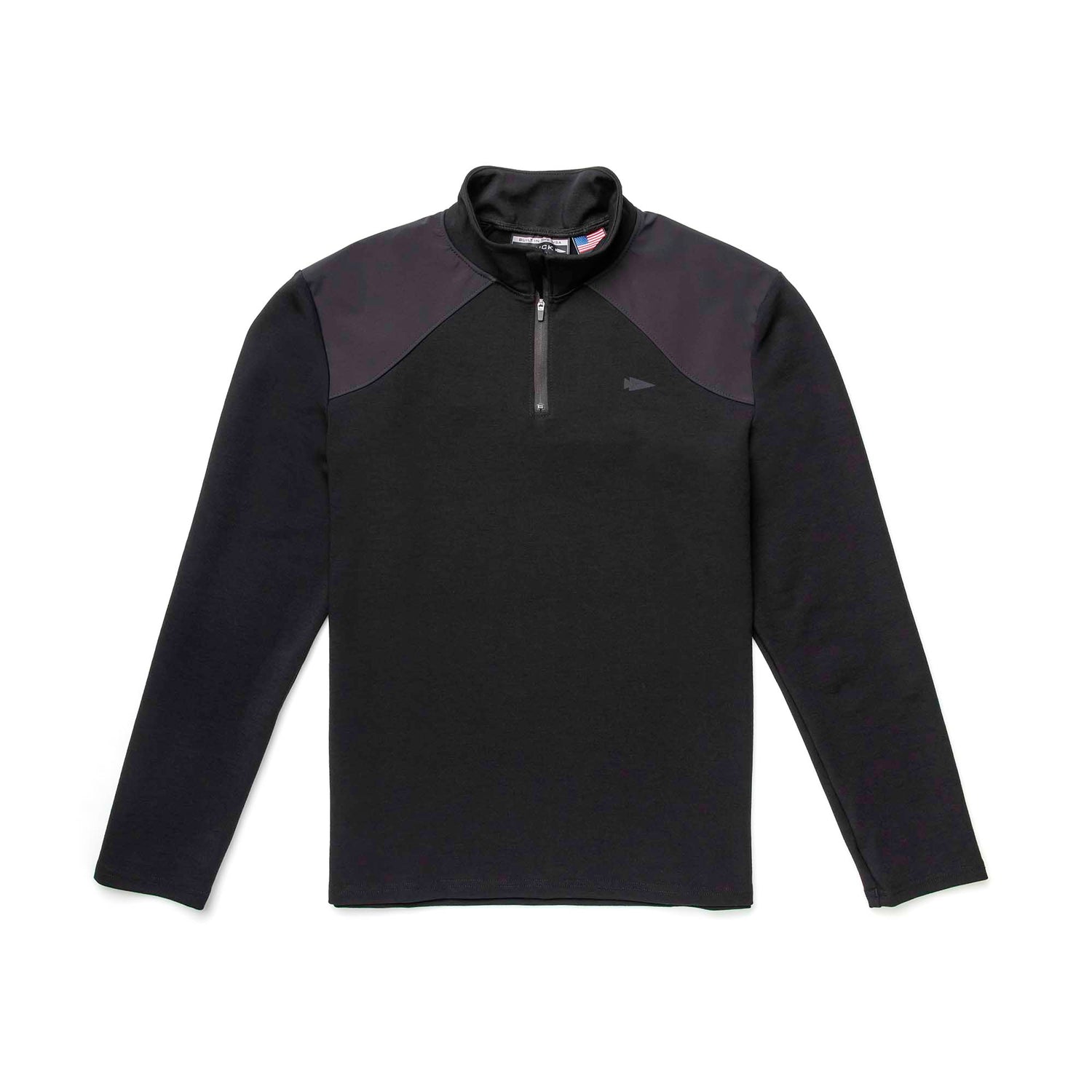Men's Heavy Commando Quarter Zip - Merino Wool: a black long-sleeve pullover with dark shoulder panels, odor-resistant Merino wool, and a quarter zip collar, shown laid flat on a white background.