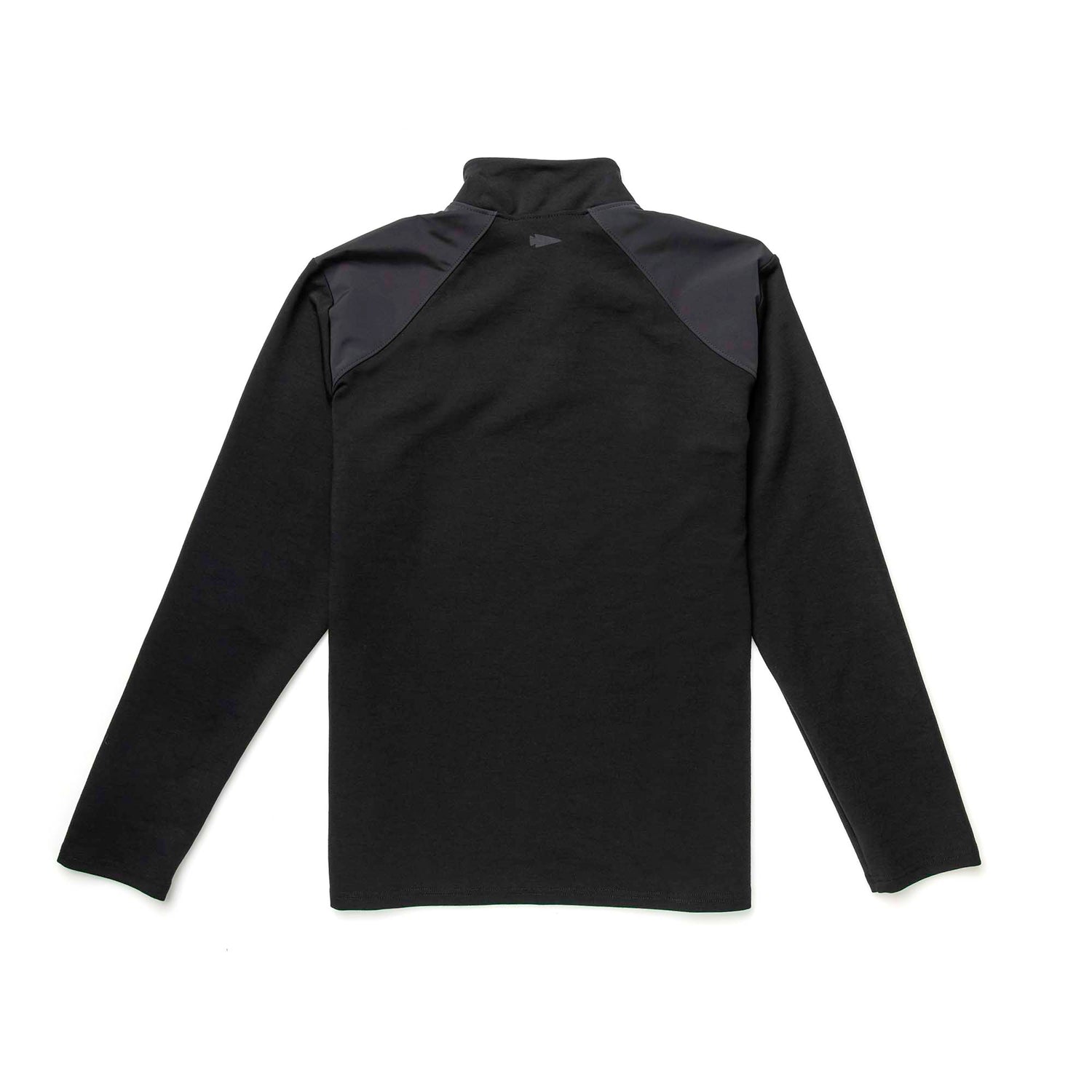 Men's Heavy Commando Quarter Zip - Merino Wool in black, featuring dark shoulder panels and a long-sleeve design with a quarter zip, displayed from the back on a white background.