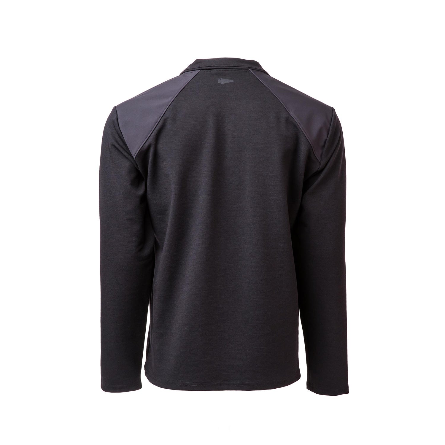 The Men's Heavy Commando Quarter Zip - Merino Wool is a black long-sleeve shirt with dark shoulder panels, made from odor-resistant Merino wool and shown from the back on a white background.