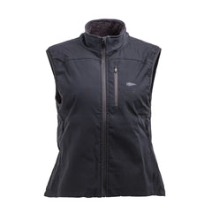 Black sleeveless fleece vest with front zipper and zippered chest pocket, fleece lining inside collar