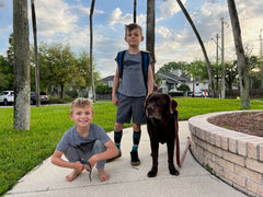 Two young boys and their beloved brown dog share a joyful moment on a suburban sidewalk lined with trees and houses—the memory now beautifully honored by the Monster Forever Tee - PREORDER, a heartfelt pet memorial celebrating their cherished companion before he crossed the Rainbow Bridge.