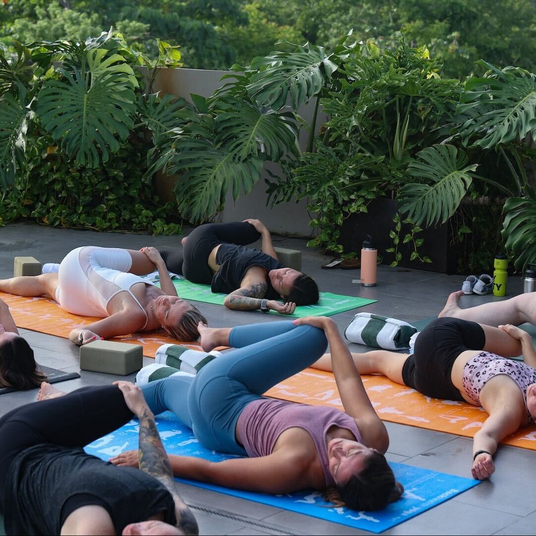 People practicing yoga outdoors on mats, surrounded by greenery, performing stretches on their backs.