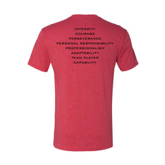 The BRAGG Event Tee - Tri-Blend in red features bold black text on the back with words like integrity, courage, and professionalism—making it the perfect shirt for your event weekend.